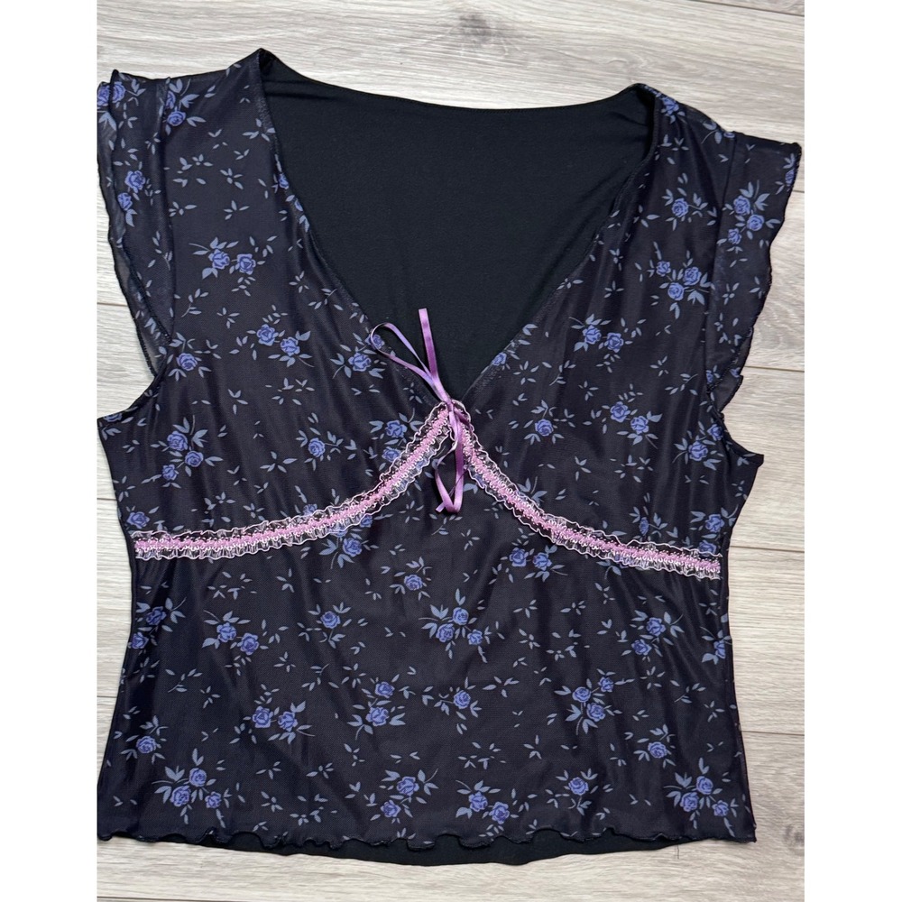 Romwe Y2k Womens XL Black Violet  Floral Mesh Lace Trim V-Neck Cap Sleeve Sz XL